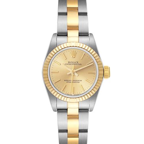 The Rolex Oyster Perpetual 67193 Women's Steel and Gold (two tone) Champagne Dial 67193 Women's Steel and Gold (two tone) Champagne Dial watch is shown from a front angle, displaying its gold dial, bezel, and bicolored bracelet.
