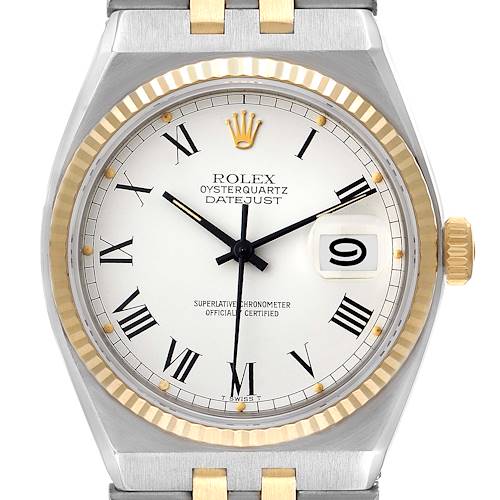 The Rolex Oysterquartz 17013 Men's Steel and Gold (two tone) White Dial 17013 Men's Steel and Gold (two tone) White Dial watch is shown from the front, highlighting the dial, bezel, and part of the bracelet.
