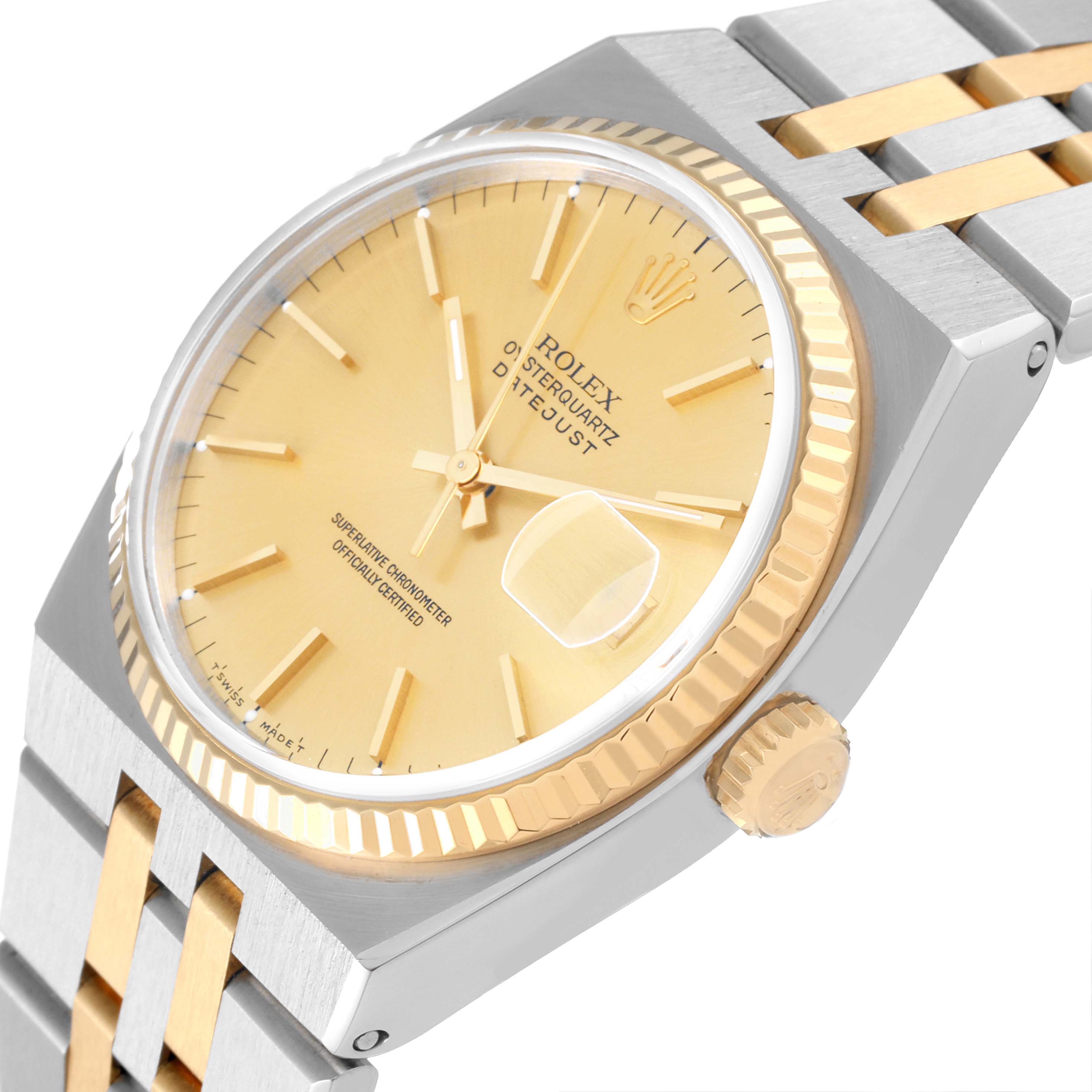 This image shows a Rolex Oysterquartz 17013 Men's Steel and Gold (two tone) Champagne Dial 17013 Men's Steel and Gold (two tone) Champagne Dial watch at an angle highlighting the dial, bezel, case, crown, and part of the bracelet.