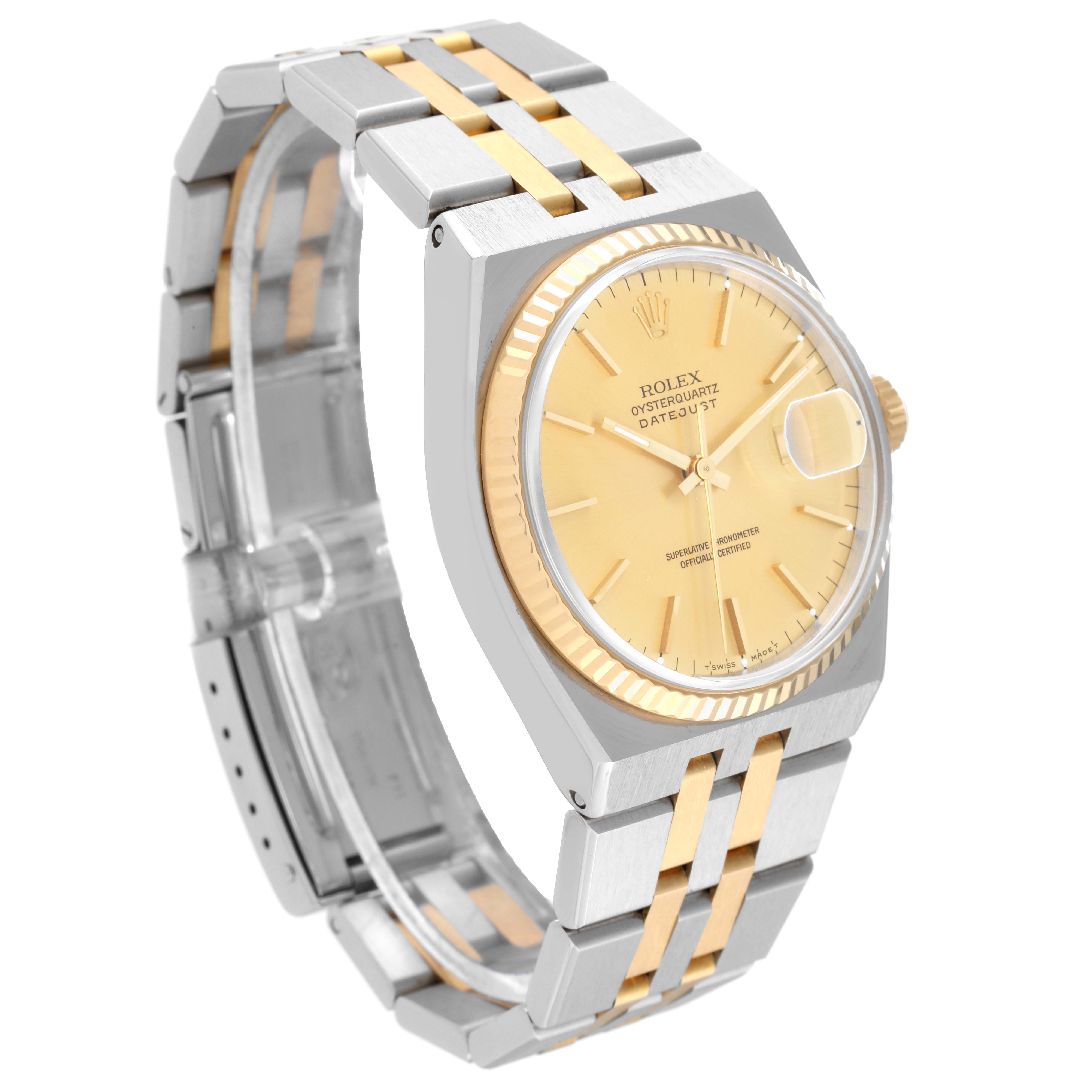The Rolex Oysterquartz 17013 Men's Steel and Gold (two tone) Champagne Dial 17013 Men's Steel and Gold (two tone) Champagne Dial watch is shown at a three-quarter angle, displaying the dial, bracelet, and case.