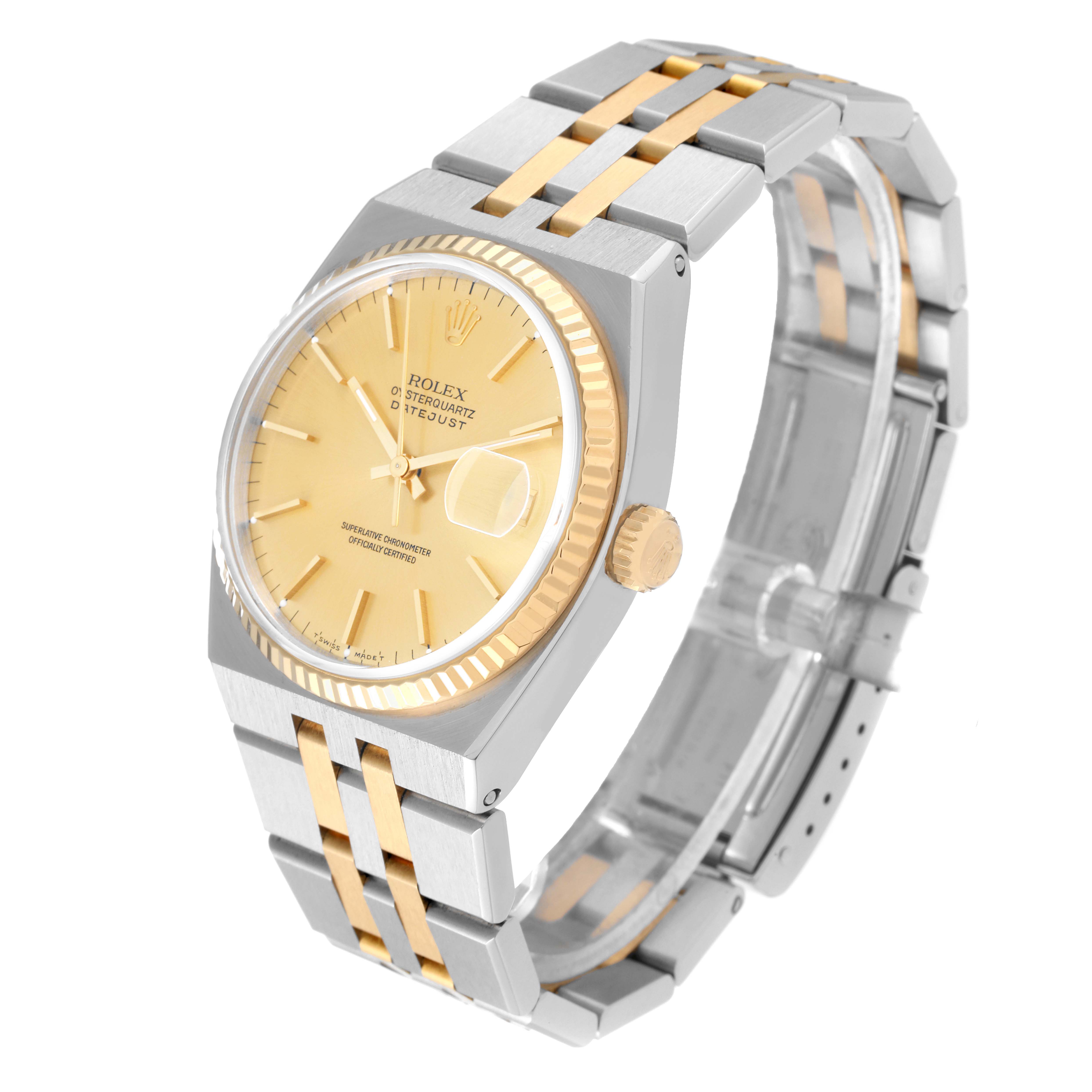 This Rolex Oysterquartz 17013 Men's Steel and Gold (two tone) Champagne Dial 17013 Men's Steel and Gold (two tone) Champagne Dial watch is shown from a three-quarter angle, highlighting its gold dial, crown, and two-tone bracelet.