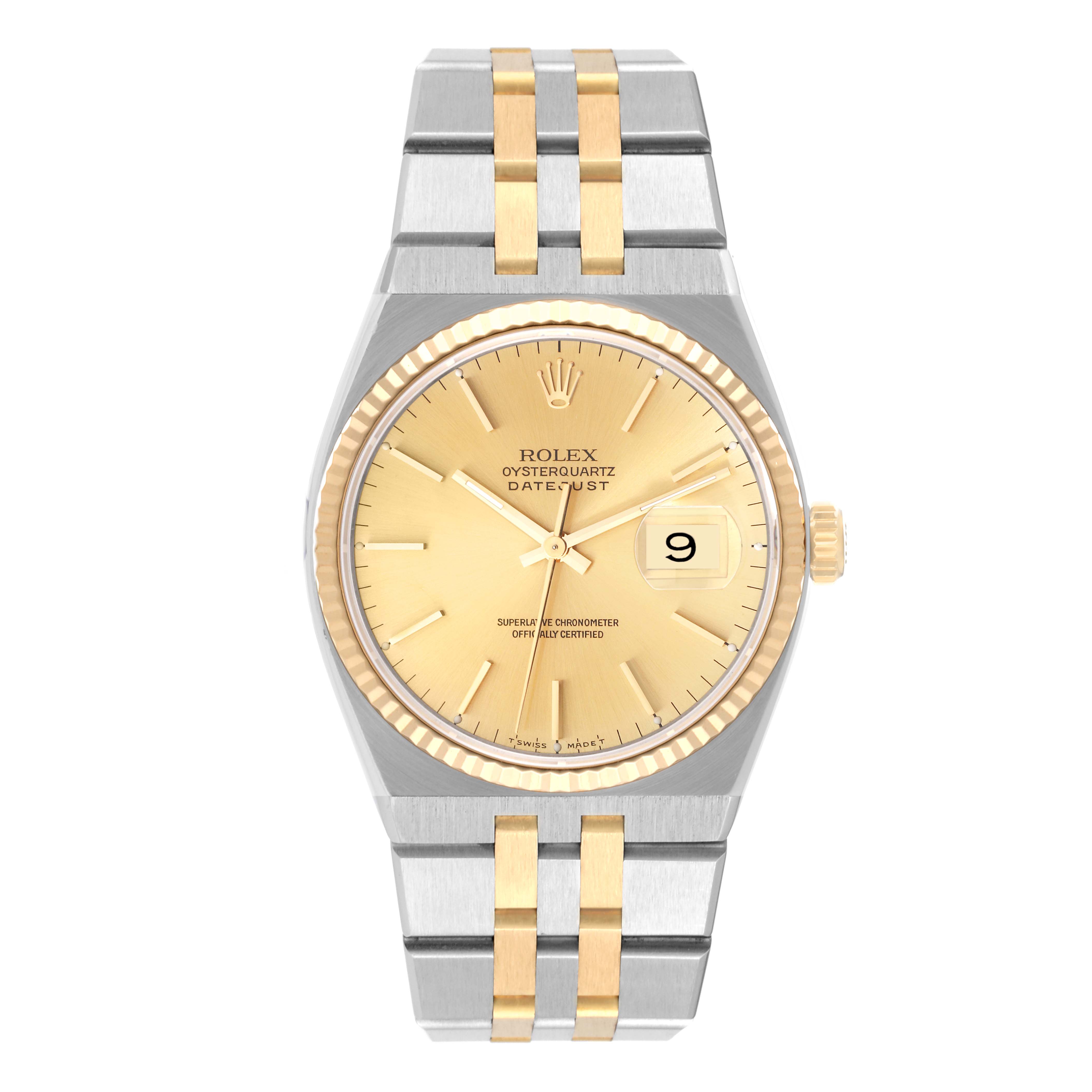 This image shows a frontal view of the Rolex Oysterquartz 17013 Men's Steel and Gold (two tone) Champagne Dial 17013 Men's Steel and Gold (two tone) Champagne Dial Datejust watch featuring a two-tone gold and silver design.