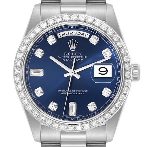 This Rolex President 18346 Men's Platinum Blue Dial 18346 Men's Platinum Blue Dial model watch is shown from the front angle, highlighting the blue dial, diamond markers, day-date windows, and diamond bezel.