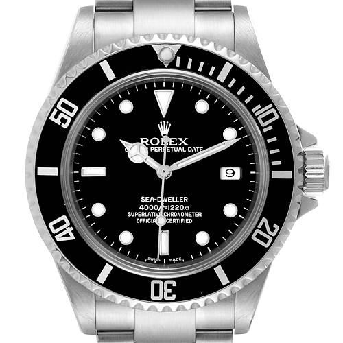 This image shows a front view of the Rolex Sea-Dweller 16600T Men's Stainless Steel Black Dial 16600T Men's Stainless Steel Black Dial watch displaying its dial, bezel, hands, and bracelet.