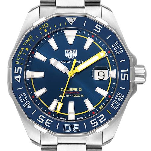 This image shows a front view of the Tag Heuer Limited Edition WAY201H.BA0927 Men's Stainless Steel Blue Dial WAY201H.BA0927 Men's Stainless Steel Blue Dial Calibre 5 watch with a blue dial and silver bracelet.