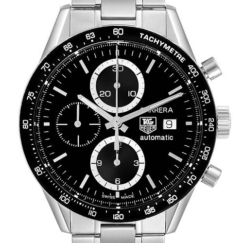 The image shows a front view of the Tag Heuer Carrera CV2010 Men's Stainless Steel Black Dial CV2010 Men's Stainless Steel Black Dial watch, highlighting its black dial, tachymeter bezel, and chronograph subdials.