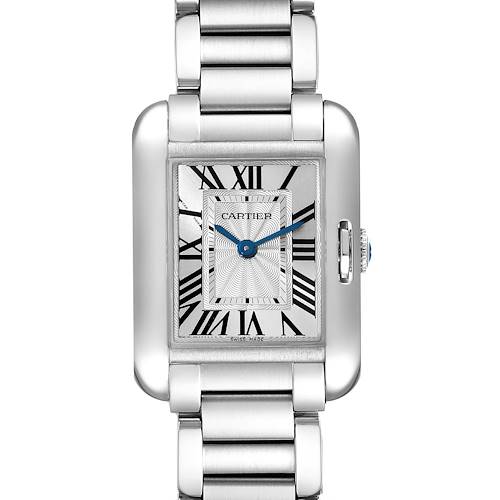The image shows a front view of the Cartier Tank Anglaise W5310022 Women's Stainless Steel Silver Dial W5310022 Women's Stainless Steel Silver Dial watch, highlighting its rectangular dial and metal bracelet.
