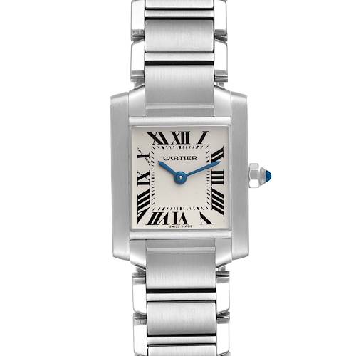 The image shows a front view of the Cartier Tank Francaise W51008Q3 Women's Stainless Steel Silver Dial W51008Q3 Women's Stainless Steel Silver Dial watch, showcasing its rectangular face, Roman numeral markers, and metal bracelet.