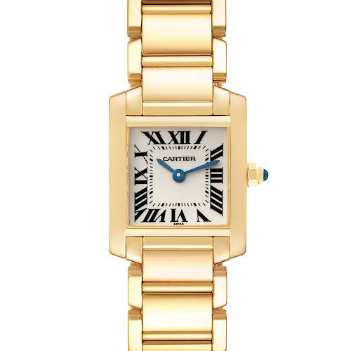 This image shows a frontal view of a Cartier Tank Francaise W50002N2 Women's Yellow Gold Silver Dial W50002N2 Women's Yellow Gold Silver Dial watch, highlighting the face, Roman numerals, and metal bracelet.