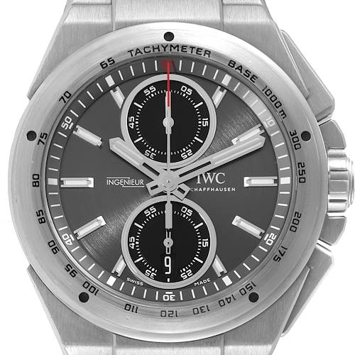 The image shows a close-up of the IWC Ingenieur IW378508 Men's Stainless Steel Grey Dial IW378508 Men's Stainless Steel Grey Dial watch face, highlighting the tachymeter, subdials, and brand logo.