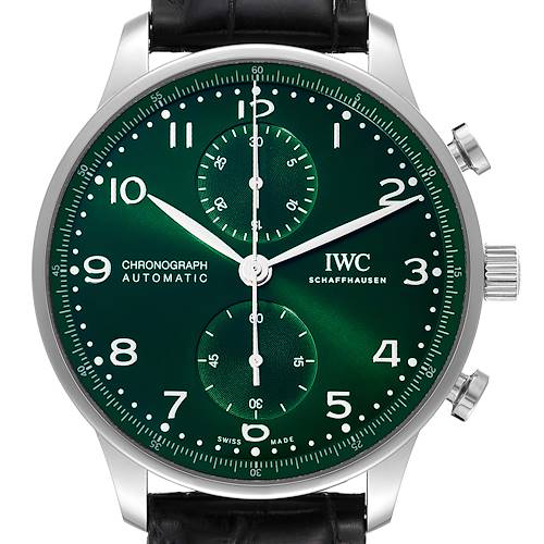 The image shows a frontal view of the IWC Portuguese IW371615 Men's Stainless Steel Green Dial IW371615 Men's Stainless Steel Green Dial Chronograph Automatic watch with a green dial and black leather strap.