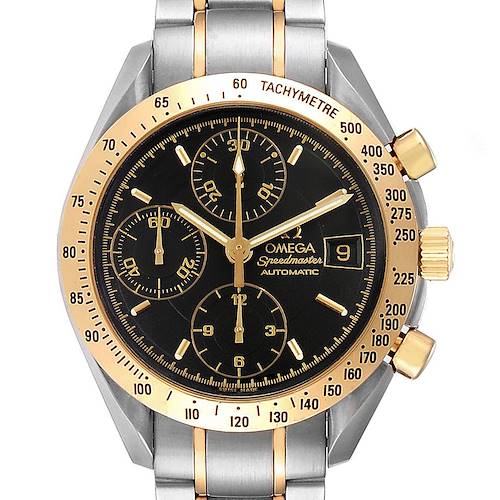 The image shows a front view of the Omega Speedmaster 3313.50.00 Men's Steel and Gold (two tone) Black Dial 3313.50.00 Men's Steel and Gold (two tone) Black Dial watch, featuring its face, bezel, crown, and pushers.