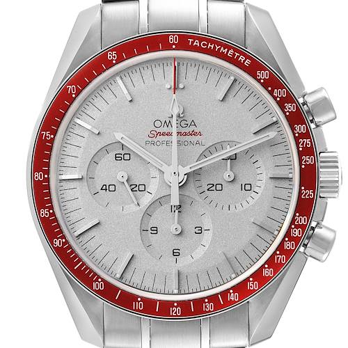 The image shows a front view of the Omega Speedmaster 522.30.42.30.06.001 Men's Stainless Steel Silver Dial 522.30.42.30.06.001 Men's Stainless Steel Silver Dial Professional watch, featuring its dial, tachymeter bezel, and chronograph subdials.