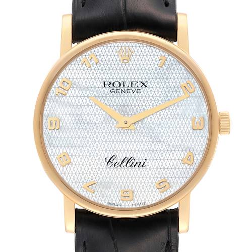 The image shows a front-facing view of a Rolex Cellini 5115/8 Men's Yellow Gold Mother of Pearl Dial 5115/8 Men's Yellow Gold Mother of Pearl Dial watch with a black leather strap and gold markers on a textured dial.