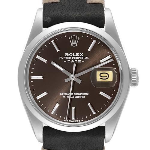 The image shows a front view of a Rolex Vintage Collection 1500 Men's Stainless Steel Brown Dial 1500 Men's Stainless Steel Brown Dial model, highlighting its dial, hands, date window, and strap.
