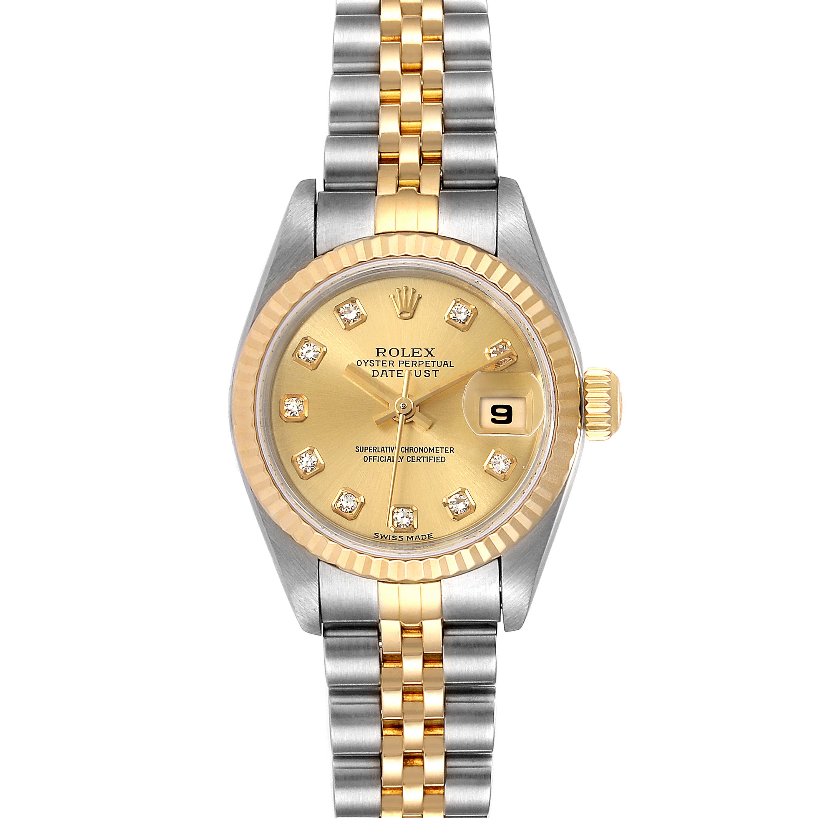 The image shows a frontal view of the Rolex Datejust 79173 Women's Steel and Gold (two tone) Champagne Dial 79173 Women's Steel and Gold (two tone) Champagne Dial watch with a two-tone gold and silver bracelet and a champagne dial with diamond hour markers.