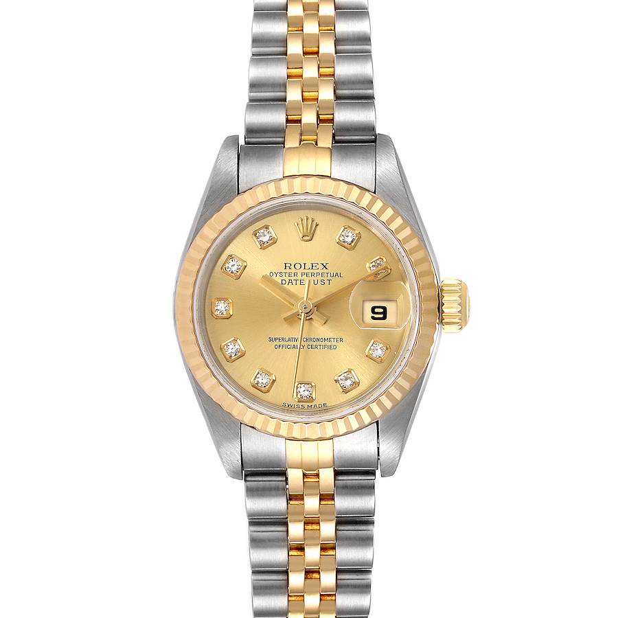The image shows a frontal view of the Rolex Datejust 79173 Women's Steel and Gold (two tone) Champagne Dial 79173 Women's Steel and Gold (two tone) Champagne Dial watch with a two-tone gold and silver bracelet and a champagne dial with diamond hour markers.