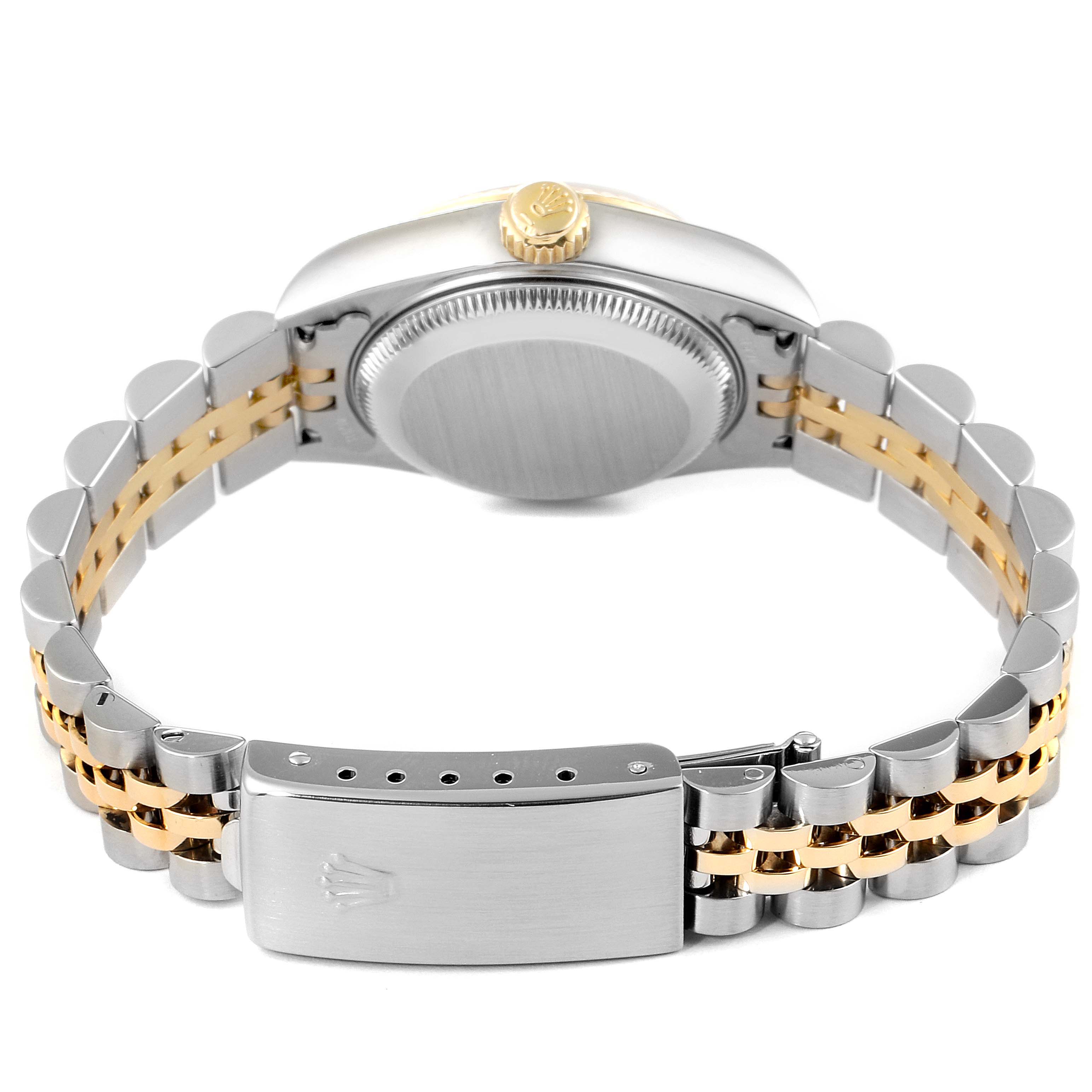This image shows the back of a Rolex Datejust 79173 Women's Steel and Gold (two tone) Champagne Dial 79173 Women's Steel and Gold (two tone) Champagne Dial watch, featuring its clasp, case back, and two-tone bracelet.