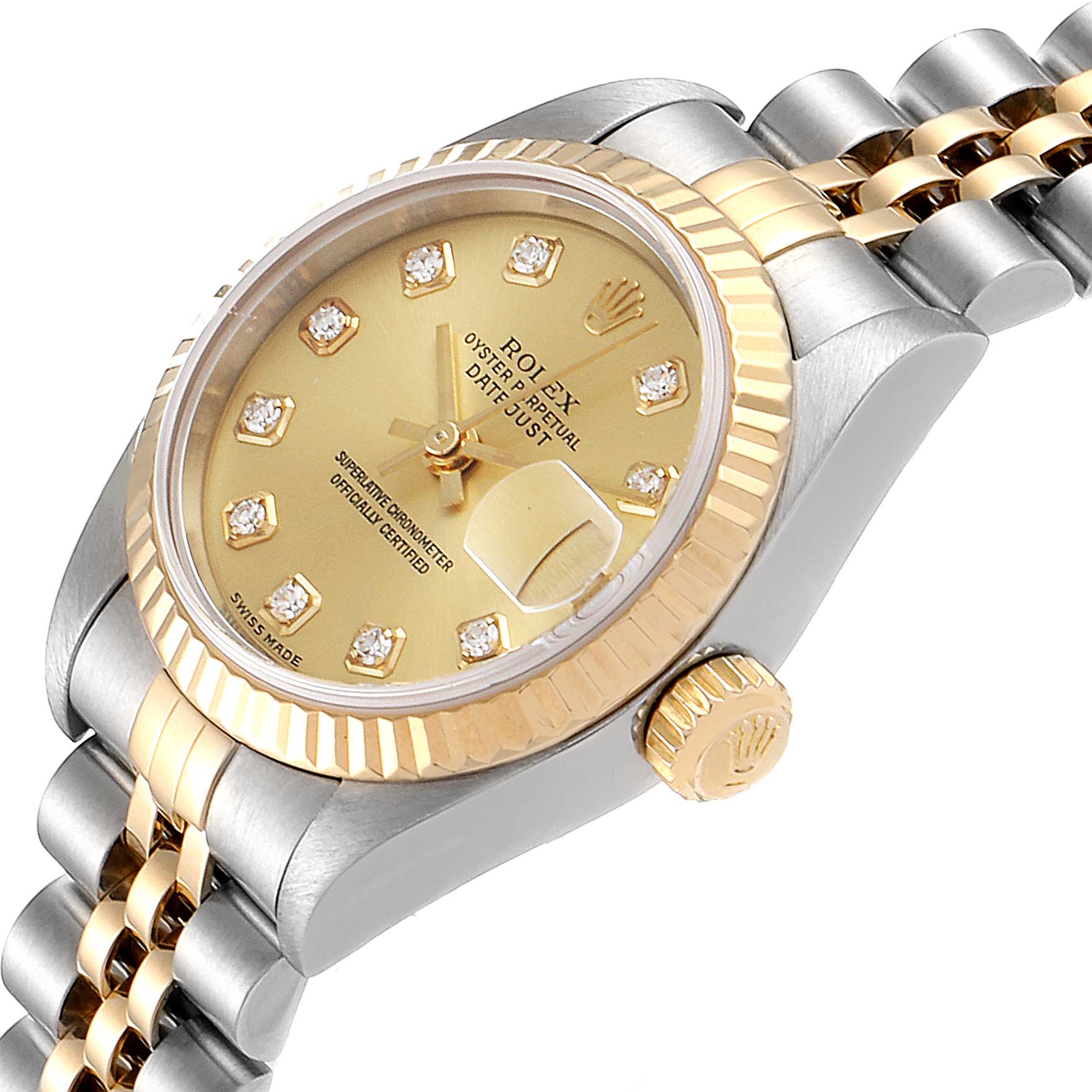 This image shows a close-up of a Rolex Datejust 79173 Women's Steel and Gold (two tone) Champagne Dial 79173 Women's Steel and Gold (two tone) Champagne Dial watch, focusing on its face, bezel, crown, and part of the bracelet from an angled top view.