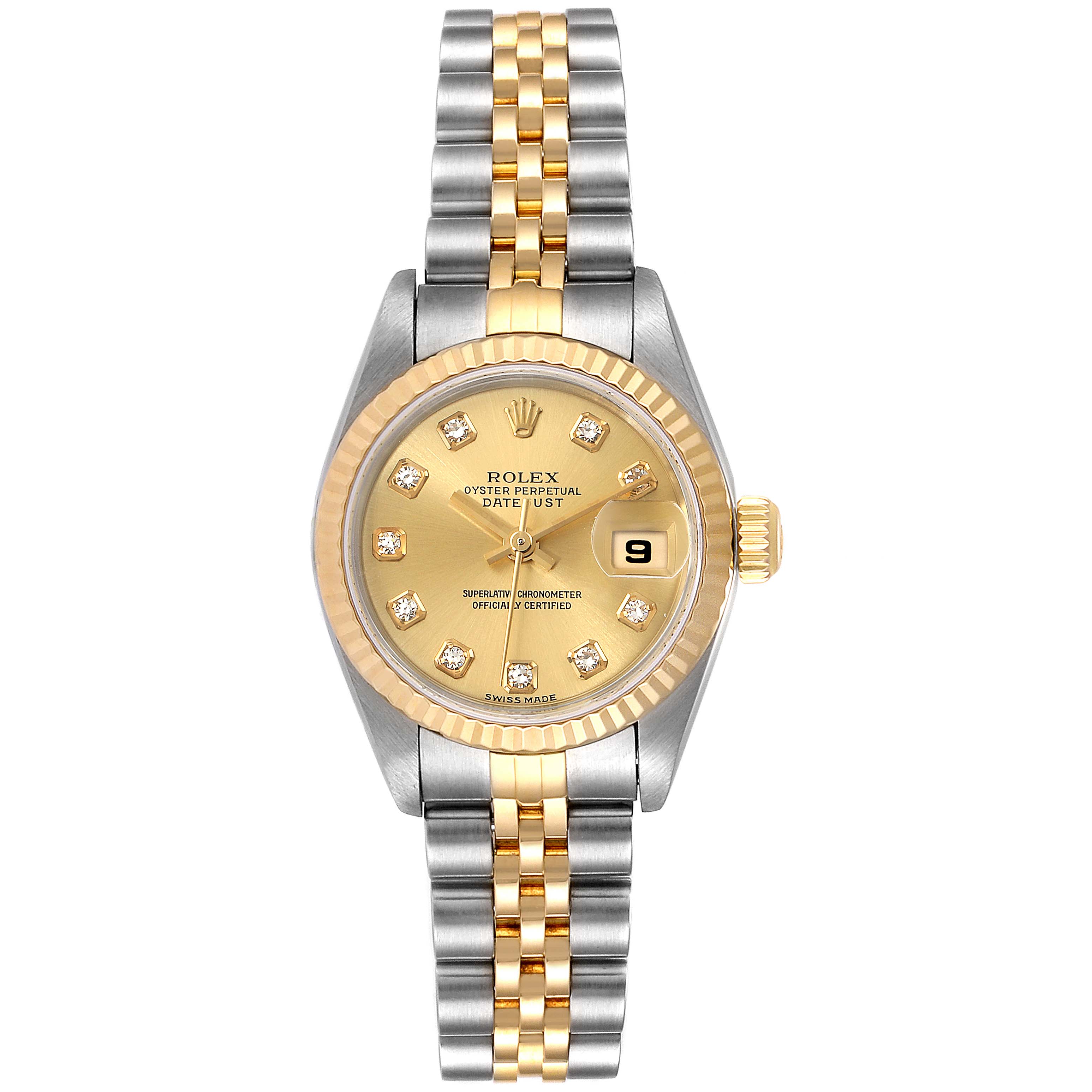 The Rolex Datejust 79173 Women's Steel and Gold (two tone) Champagne Dial 79173 Women's Steel and Gold (two tone) Champagne Dial watch is shown from a top-down angle, displaying its face, bezel, and jubilee bracelet.