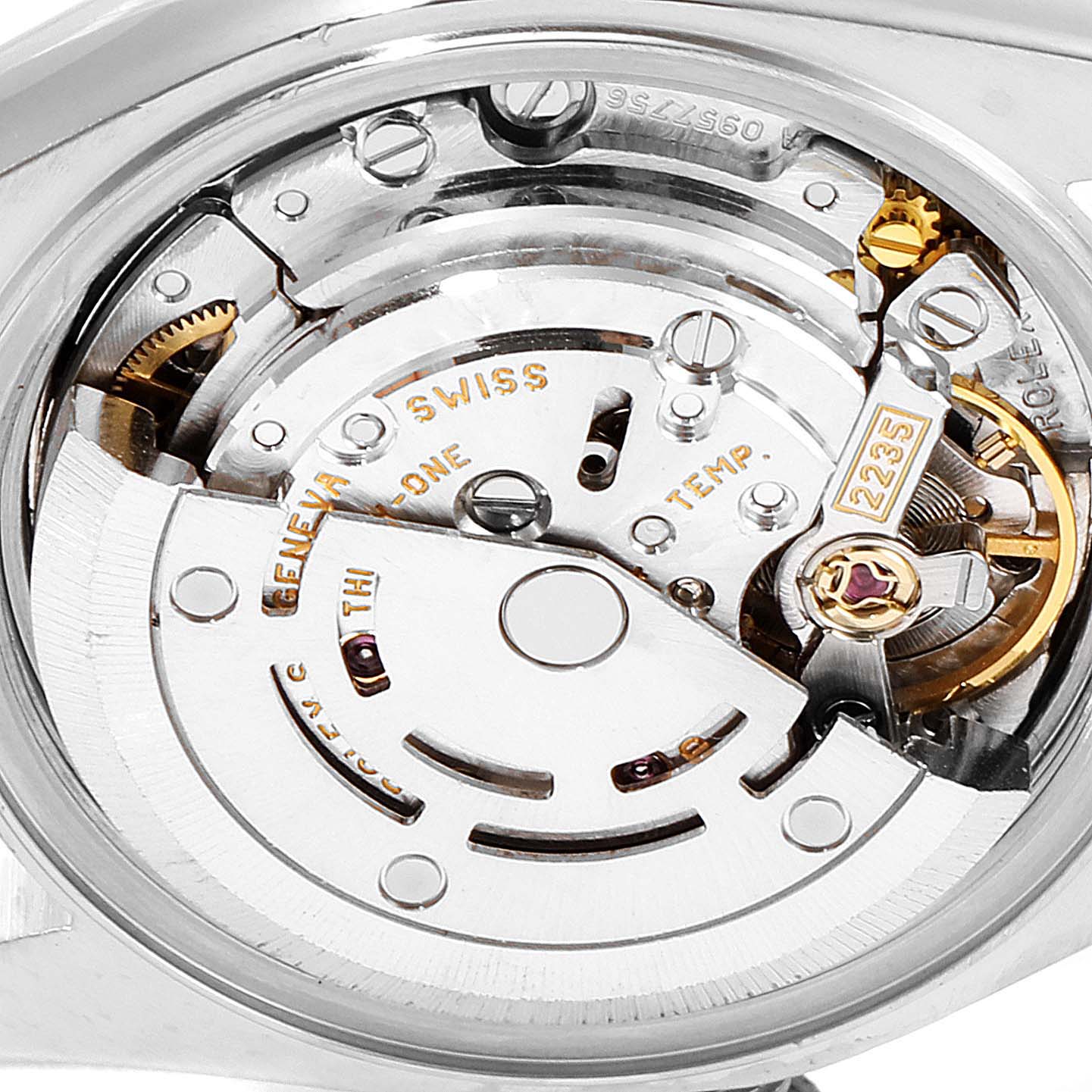 This image shows a close-up view of the Rolex Datejust 79173 Women's Steel and Gold (two tone) Champagne Dial 79173 Women's Steel and Gold (two tone) Champagne Dial watch's internal automatic movement mechanism.