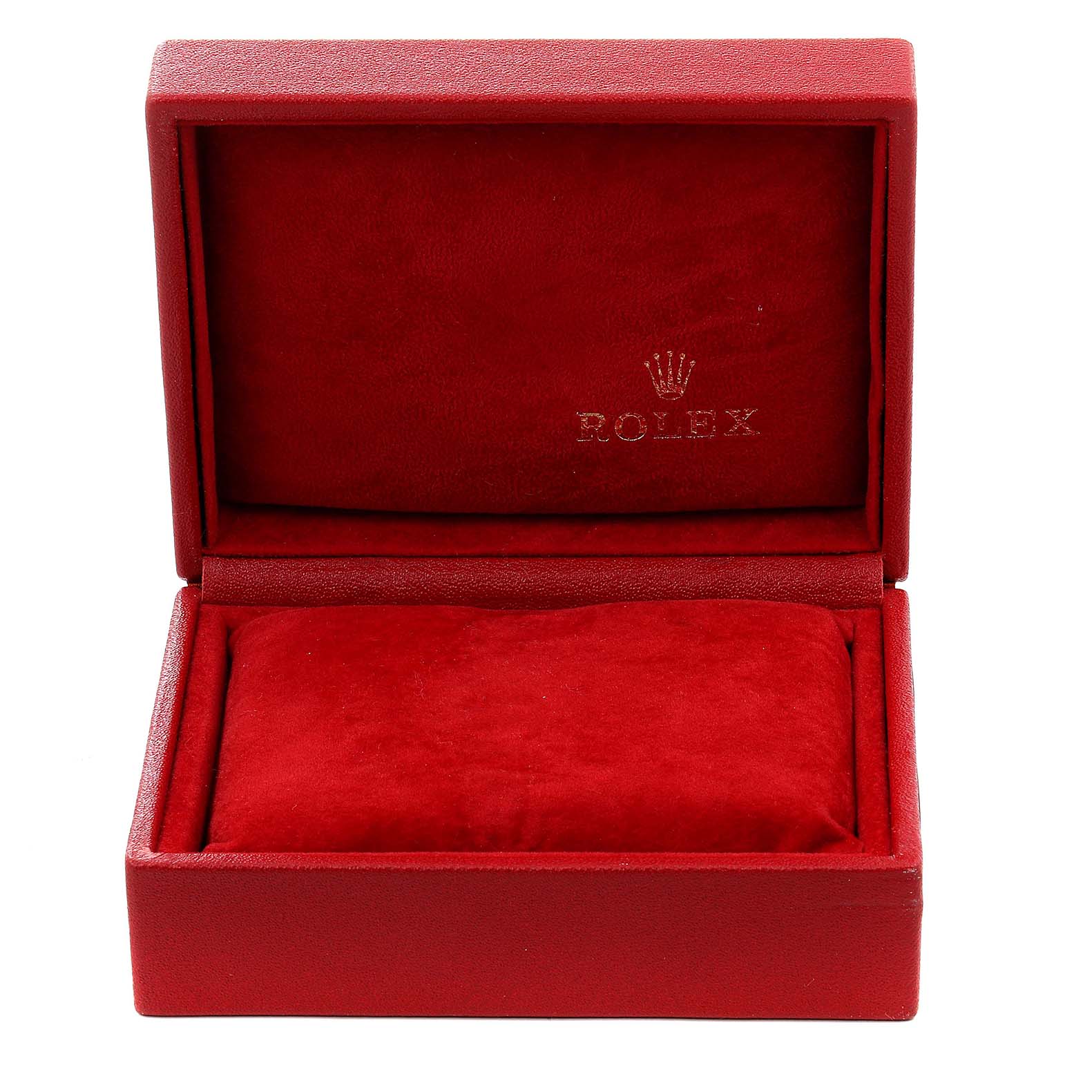 The image shows an open red box, likely for a Rolex Datejust 79173 Women's Steel and Gold (two tone) Champagne Dial 79173 Women's Steel and Gold (two tone) Champagne Dial watch, displaying the interior with a cushion and the Rolex logo.