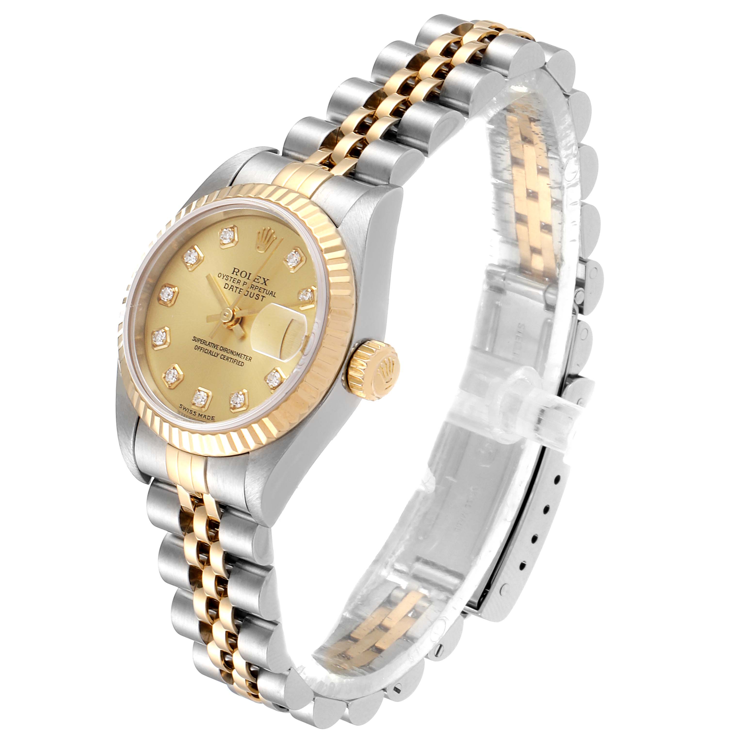 The Rolex Datejust 79173 Women's Steel and Gold (two tone) Champagne Dial 79173 Women's Steel and Gold (two tone) Champagne Dial watch is shown at a slight angle, highlighting the face, fluted bezel, and two-tone Jubilee bracelet.