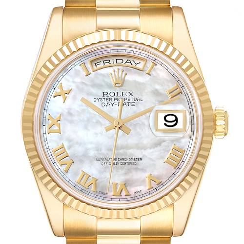 This image shows a close-up, front view of a Rolex President 118238 Men's Yellow Gold Mother of Pearl Dial 118238 Men's Yellow Gold Mother of Pearl Dial model watch, highlighting the dial, day, and date windows.