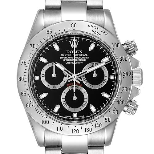 The image shows a front view of a Rolex Daytona 116520 Men's Stainless Steel Black Dial 116520 Men's Stainless Steel Black Dial watch, featuring the dial, bezel, and part of the bracelet.