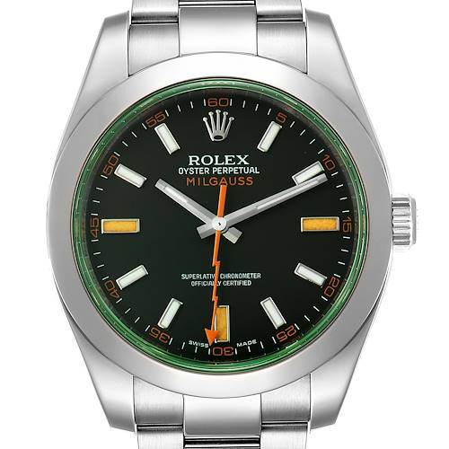 The image shows a front view of a Rolex Milgauss 116400GV Men's Stainless Steel Black Dial 116400GV Men's Stainless Steel Black Dial watch, highlighting its black dial, orange lightning bolt second hand, and stainless steel bracelet.