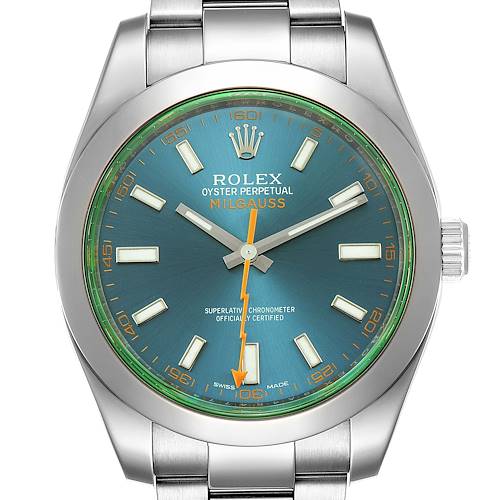 This is a close-up of the face of a Rolex Milgauss 116400GV Men's Stainless Steel Blue Dial 116400GV Men's Stainless Steel Blue Dial watch, showing its dial, hands, hour markers, and part of the bracelet.