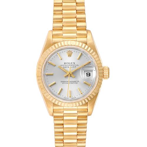 The image shows a front view of a Rolex President 79178 Women's Yellow Gold Silver Dial 79178 Women's Yellow Gold Silver Dial model watch, displaying its dial, bracelet, and fluted bezel.