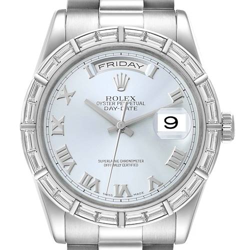 The image shows a front view of a Rolex President 118366 Men's Platinum Blue Dial 118366 Men's Platinum Blue Dial Oyster Perpetual Day-Date watch, highlighting the dial, bezel, and bracelet.