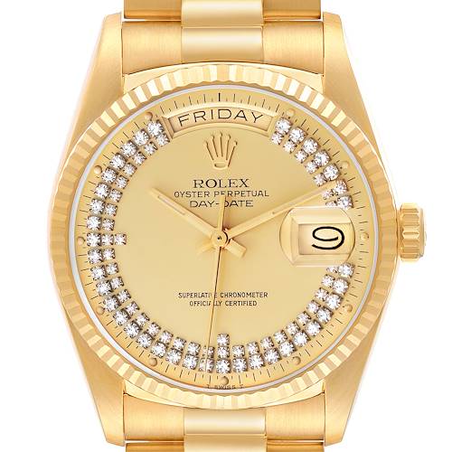 The image shows a frontal view of the Rolex President 18038 Men's Yellow Gold Champagne Dial 18038 Men's Yellow Gold Champagne Dial Day-Date watch, highlighting its bezel, dial, and bracelet.