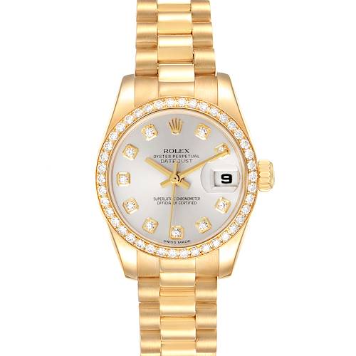 The image shows a Rolex President 179138 Women's Yellow Gold Silver Dial 179138 Women's Yellow Gold Silver Dial model watch from a front angle, highlighting the dial, bezel, and bracelet.