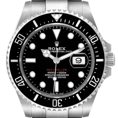 The image shows a frontal view of a Rolex Sea-Dweller 126600 Men's Stainless Steel Black Dial 126600 Men's Stainless Steel Black Dial watch, highlighting its bezel, dial, hands, and date window.