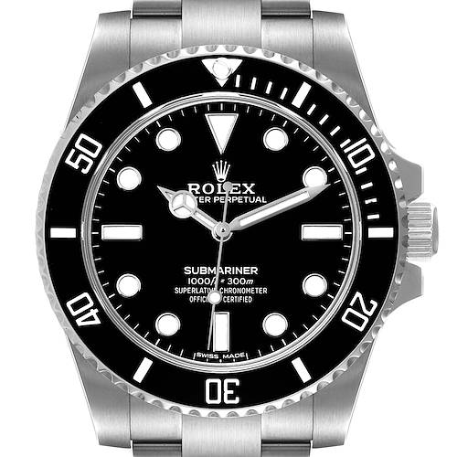 The image shows a front view of the Rolex Submariner 114060 Men's Stainless Steel Black Dial 114060 Men's Stainless Steel Black Dial watch, highlighting its black dial, rotating bezel, and stainless steel case.