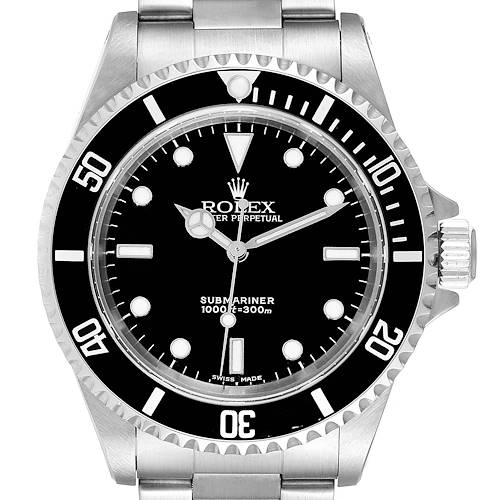 This image shows a front view of a Rolex Submariner 14060 Men's Stainless Steel Black Dial 14060 Men's Stainless Steel Black Dial watch displaying its dial, bezel, and partial bracelet.