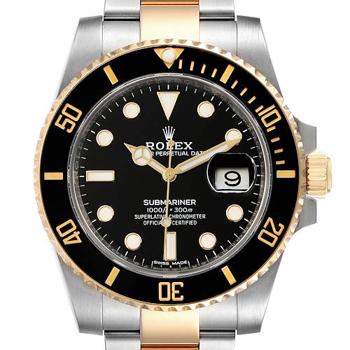 This Rolex Submariner 116613 Men's Steel and Gold (two tone) Black Dial 116613 Men's Steel and Gold (two tone) Black Dial watch is shown from the front, detailing the face, bezel, crown, and part of the bracelet.
