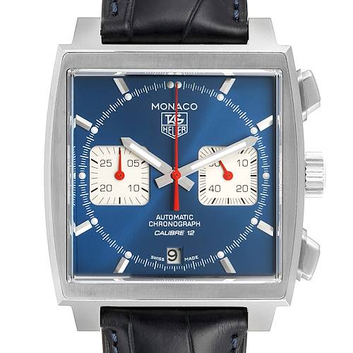 The image shows a front view of a Tag Heuer Monaco CAW2111 Men's Stainless Steel Blue Dial CAW2111 Men's Stainless Steel Blue Dial watch with a blue dial and black leather strap.