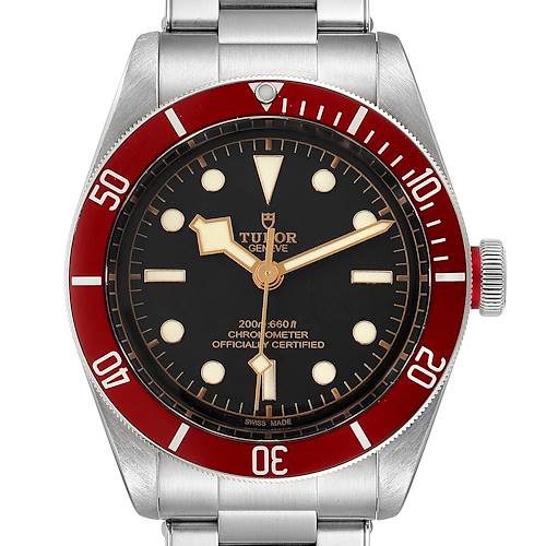 The image shows a close-up, front view of a Tudor Heritage Black Bay 79230R Men's Stainless Steel Black Dial 79230R Men's Stainless Steel Black Dial watch, highlighting the dial, bezel, and bracelet.