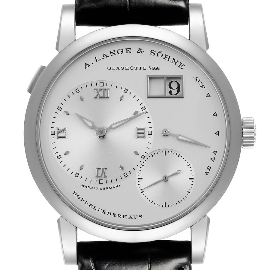 The Lange 1 by A. Lange & Söhne is shown from a front angle, displaying the face, dials, and crown clearly.