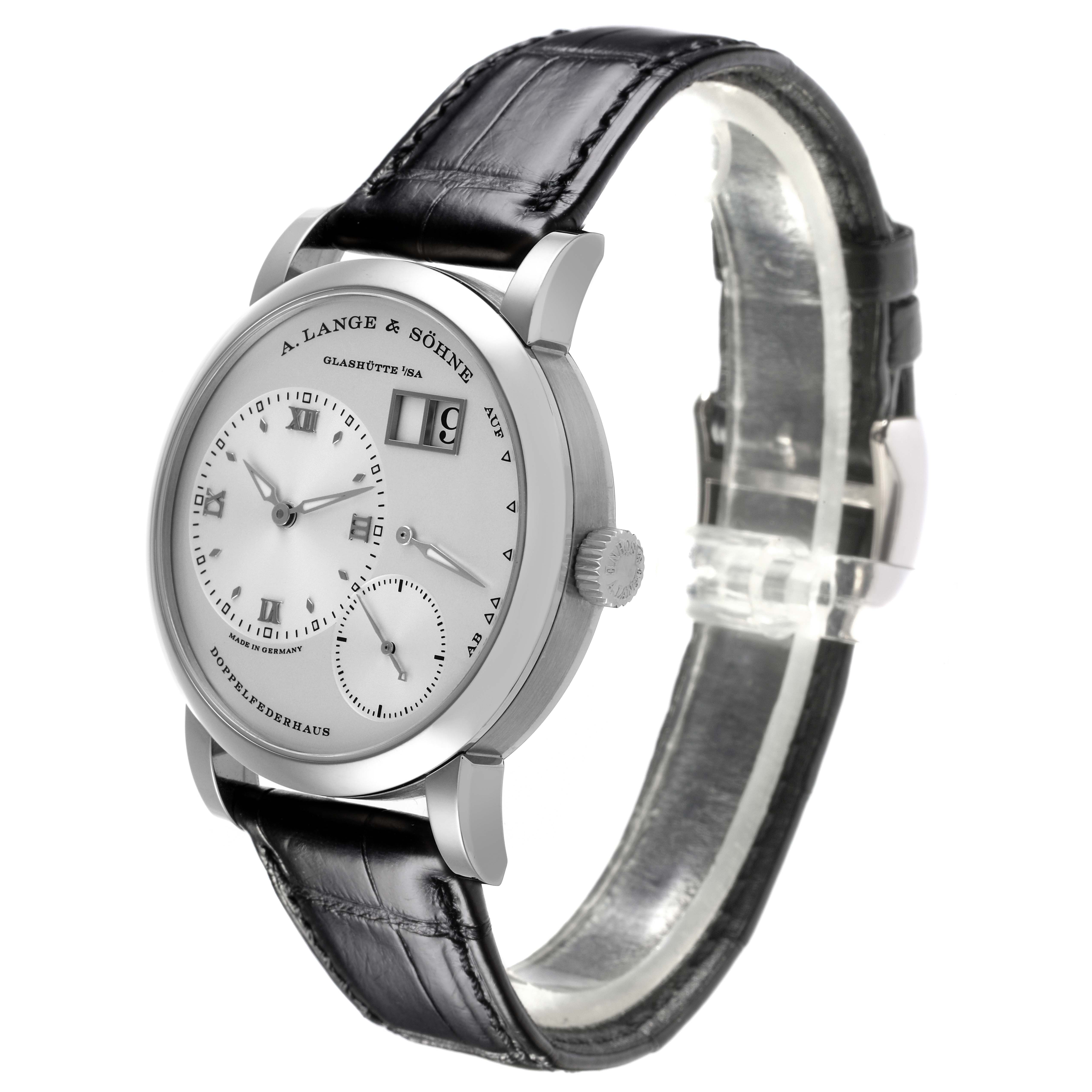 The A. Lange & Sohne Lange 1 191.039 Men's White Gold Silver Dial watch is shown at a slight angle, highlighting the dial and leather strap.