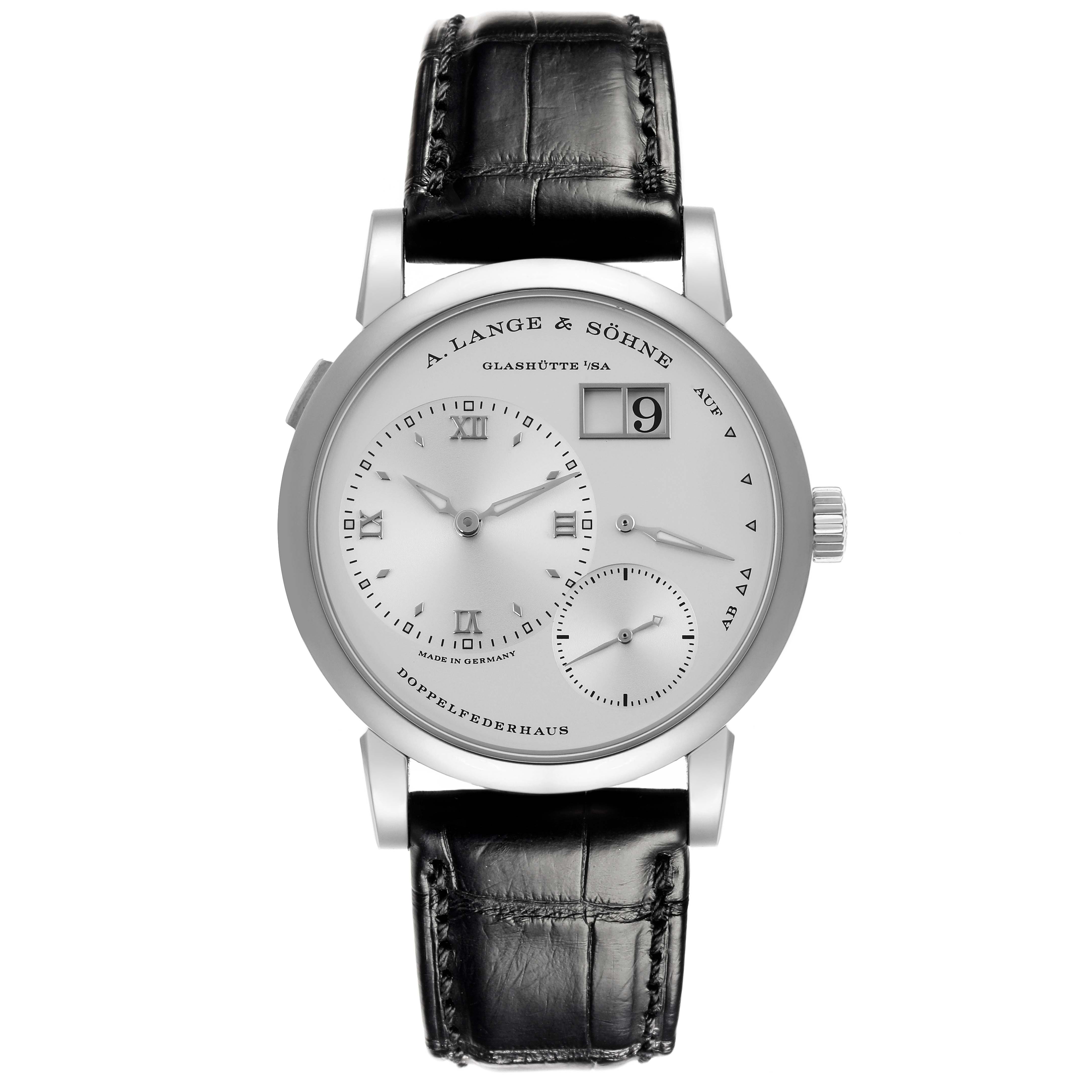 The A. Lange & Sohne Lange 1 191.039 Men's White Gold Silver Dial watch is shown from a frontal angle, highlighting the dial, hands, and leather strap.