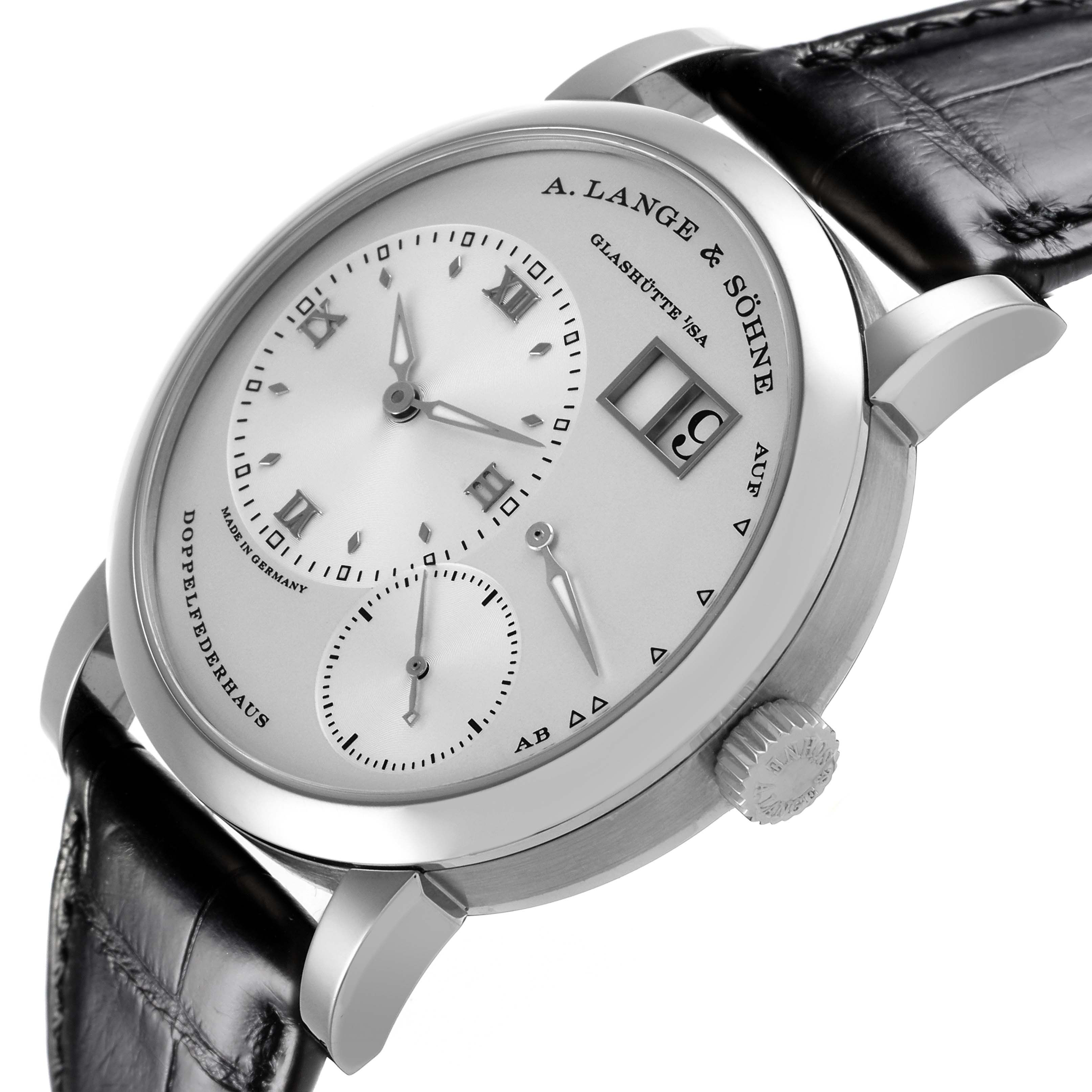 The A. Lange & Sohne Lange 1 191.039 Men's White Gold Silver Dial watch is shown in a side view angle highlighting the dial, case, crown, and strap attachment.