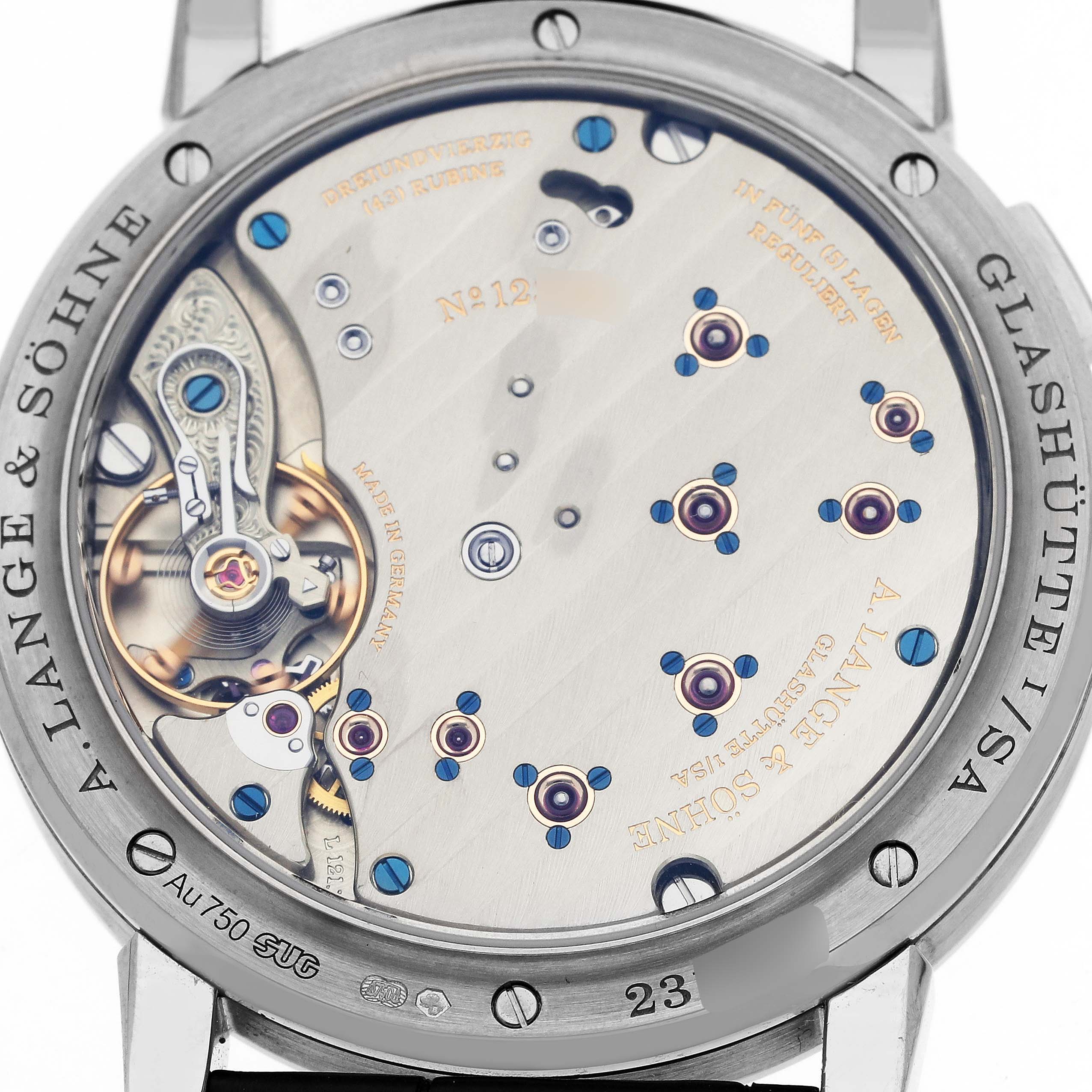 The image shows the back view of the A. Lange & Sohne Lange 1 191.039 Men's White Gold Silver Dial model, highlighting its intricate movement.