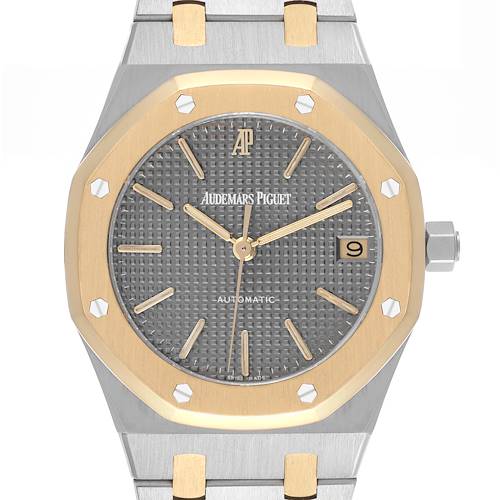 The image shows a frontal view of the Audemars Piguet Royal Oak 14790SA.OO.0789SA.01 Men's Steel and Gold (two tone) Grey Dial 14790SA.OO.0789SA.01 Men's Steel and Gold (two tone) Grey Dial watch, highlighting its octagonal bezel and detailed dial.
