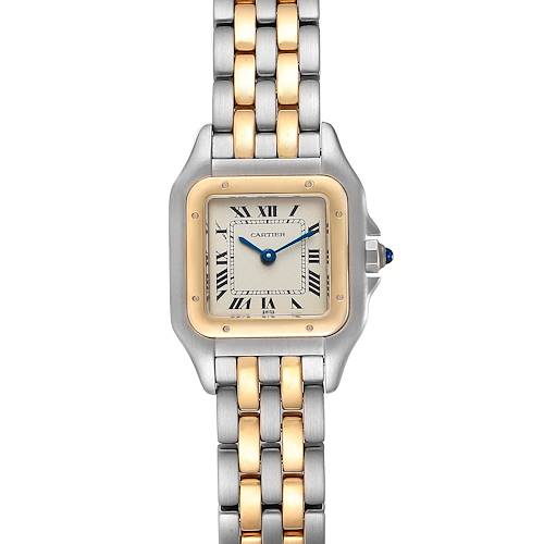 This is a frontal view of a Cartier Panthere W25029B6 Women's Steel and Gold (two tone) Silver Dial W25029B6 Women's Steel and Gold (two tone) Silver Dial watch showing the face, bezel, crown, and part of the metal bracelet.