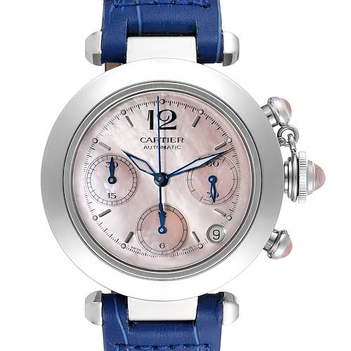 The image shows a front view of the Cartier Pasha W3106599 Women's Stainless Steel Mother of Pearl Dial W3106599 Women's Stainless Steel Mother of Pearl Dial watch, highlighting its dial, chronograph subdials, and blue strap.