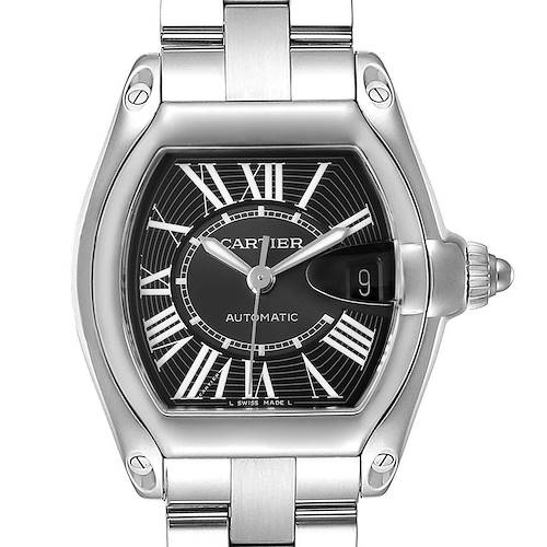 This image shows a front close-up of the Cartier Roadster W62041V3 Men's Stainless Steel Black Dial W62041V3 Men's Stainless Steel Black Dial watch, highlighting the dial, date window, and part of the bracelet.
